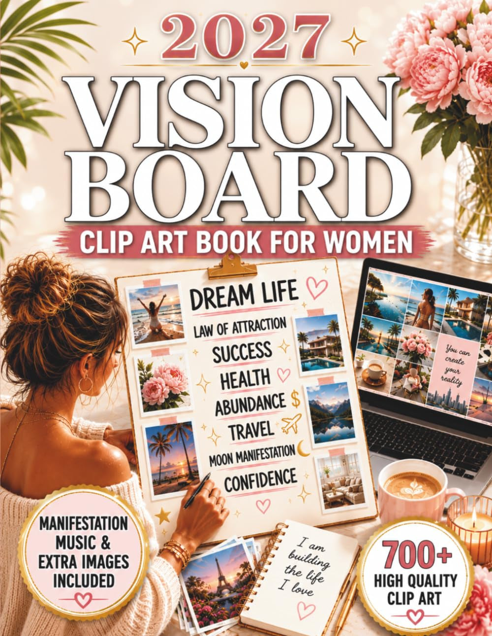 Vision Board Clip Art Book for Women: 700+ Inspiring Images, Quotes, Affirmations & Law of Attraction Guidance with Moon Rituals to Manifest Love, Wealth, Confidence & Freedom