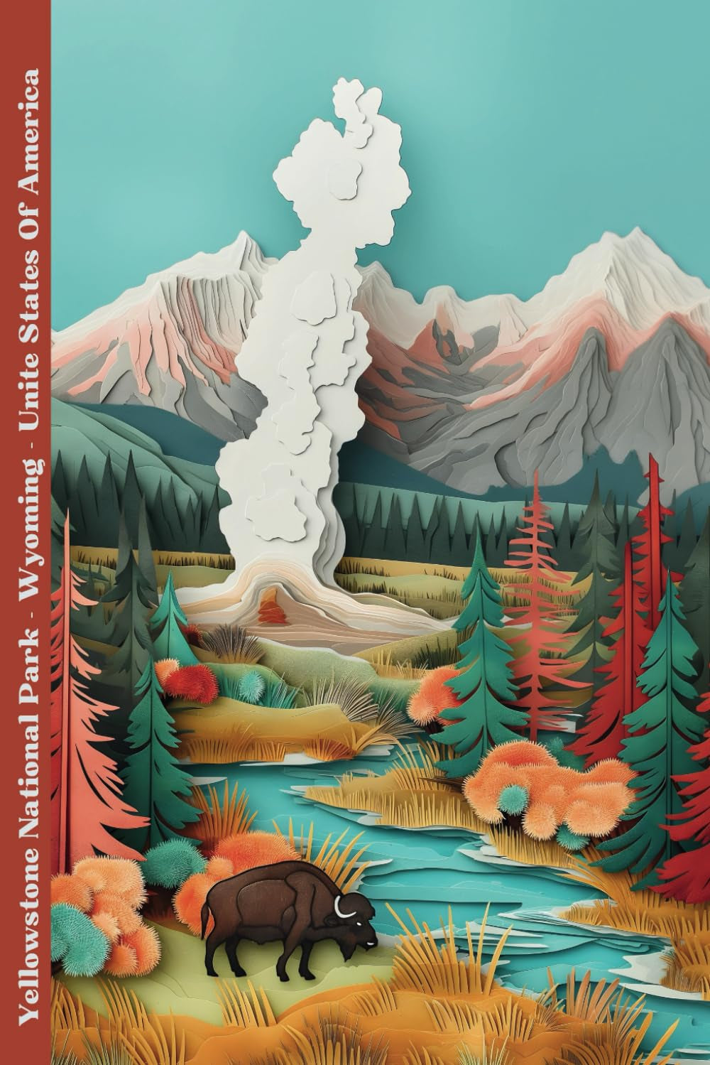 Notebook Yellowstone Wyoming: Blank lined paper - Unite States Of America Illustration: 6x9 Inches - Buffalo and Geyser papercut design - Journal