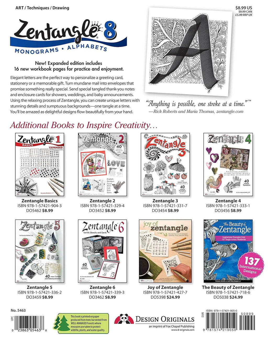 Zentangle 8, Expanded Workbook Edition: Monograms, Alphabets, and 40 All-New Tangles (Design Originals) How to Embellish Letters, Monograms, Cards, Stationery, Gifts, and More with Beautiful Designs