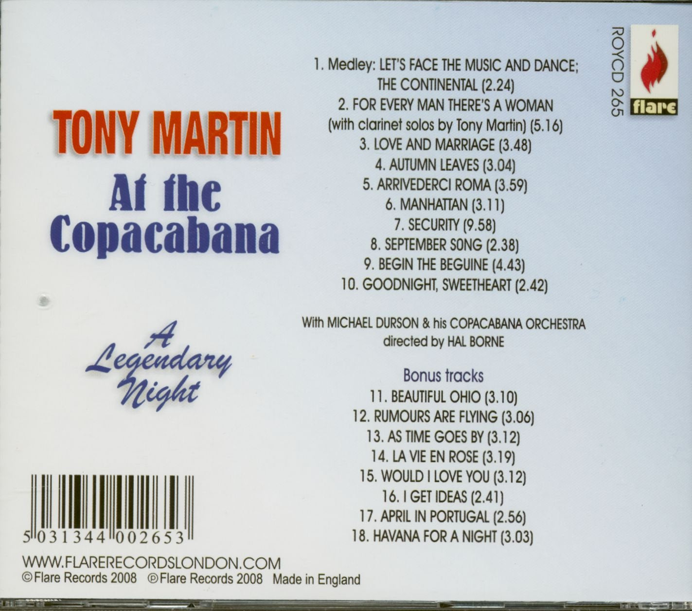 A Legendary Night - Tony Martin At The Copacabana Tracks