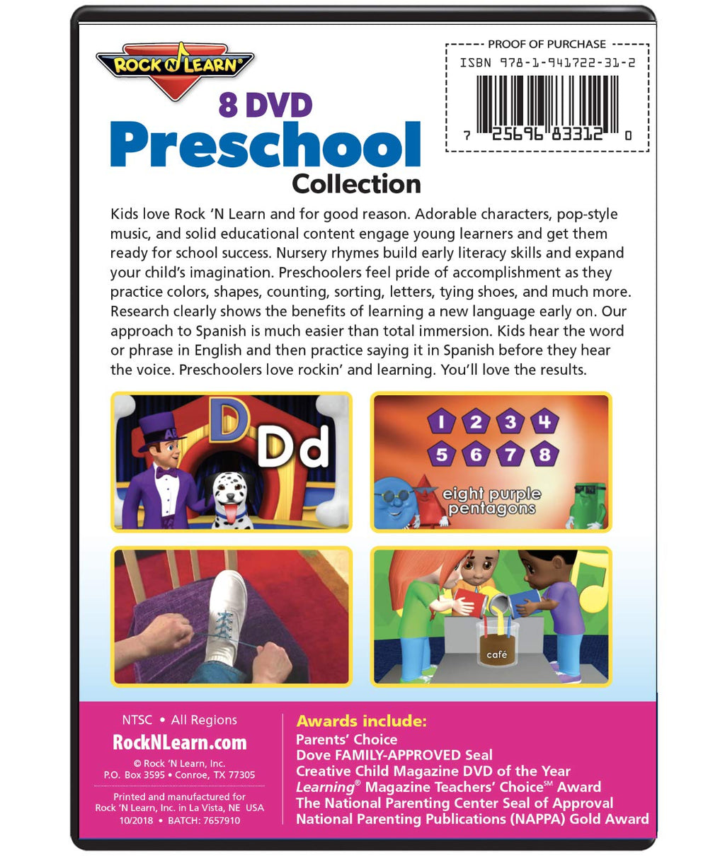 Preschool 8 DVD Collection by Rock 'N Learn (Nursery Rhymes, Alphabet Exercise, Colors, Shapes & Numbers, Let's Play School, Dance with the Animals, Alphabet AI's ABCs, Learn Spanish - Let's Play Outside and Learn Spanish - Let's Play Inside)
