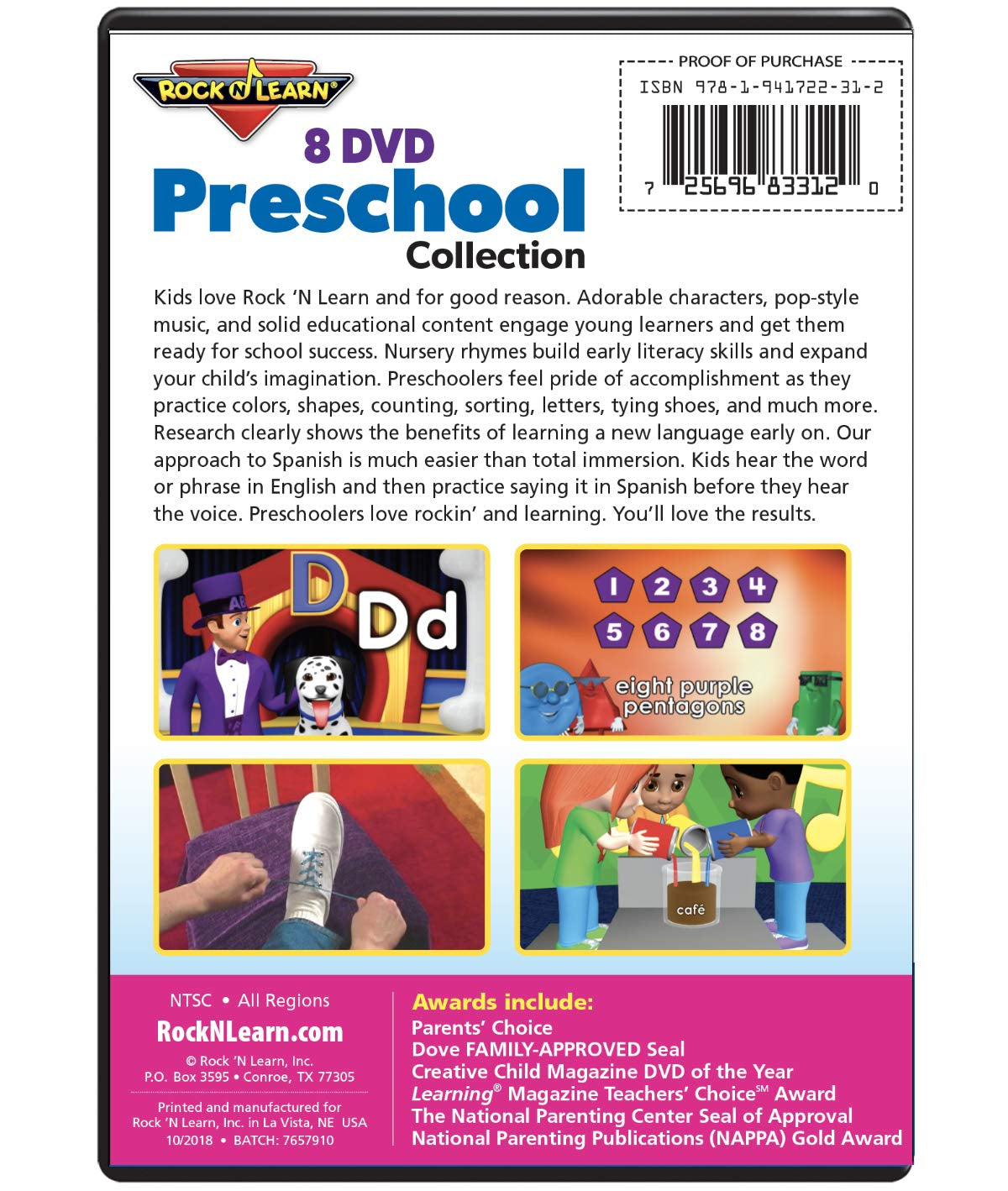 Preschool 8 DVD Collection by Rock 'N Learn (Nursery Rhymes, Alphabet Exercise, Colors, Shapes & Numbers, Let's Play School, Dance with the Animals, Alphabet AI's ABCs, Learn Spanish - Let's Play Outside and Learn Spanish - Let's Play Inside)