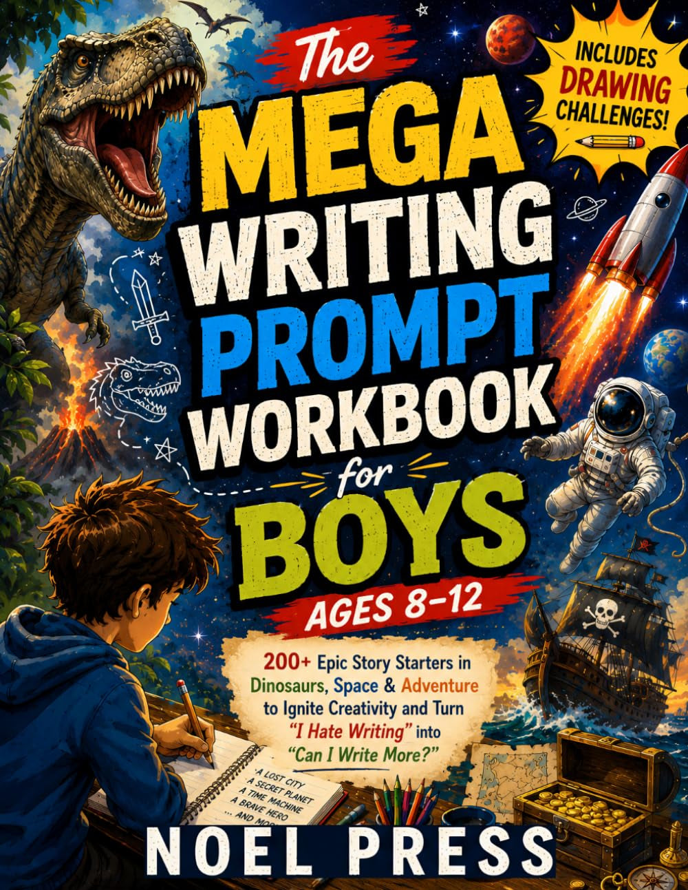 The Mega Writing Prompt Workbook for Boys Ages 8-12: 200+ Epic Story Starters in Dinosaurs, Space & Adventure to Ignite Creativity and Turn "I Hate ... I Write More?" (The Mega Workbook Series)