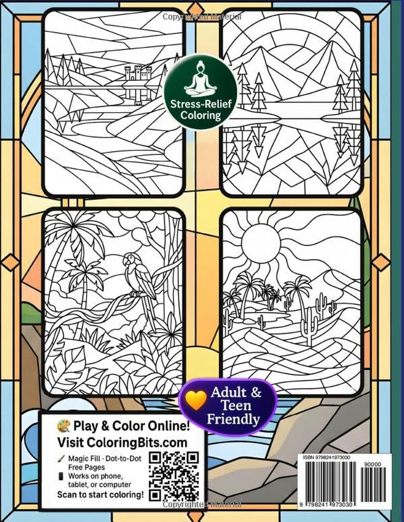 Nature in Stained Glass: An Easy Coloring Book of Peaceful Landscapes