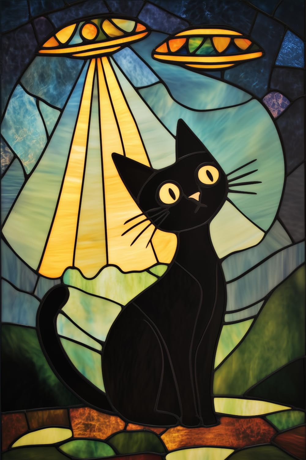 Stained Glass Black Cat and UFOs Notebook: Worried Scared Cat with Alien Spaceships Scifi Notepad Gift Journal for Lovers of Cats and Aliens | Science ... Cuteness | 6x9" with 120 College Ruled Pages