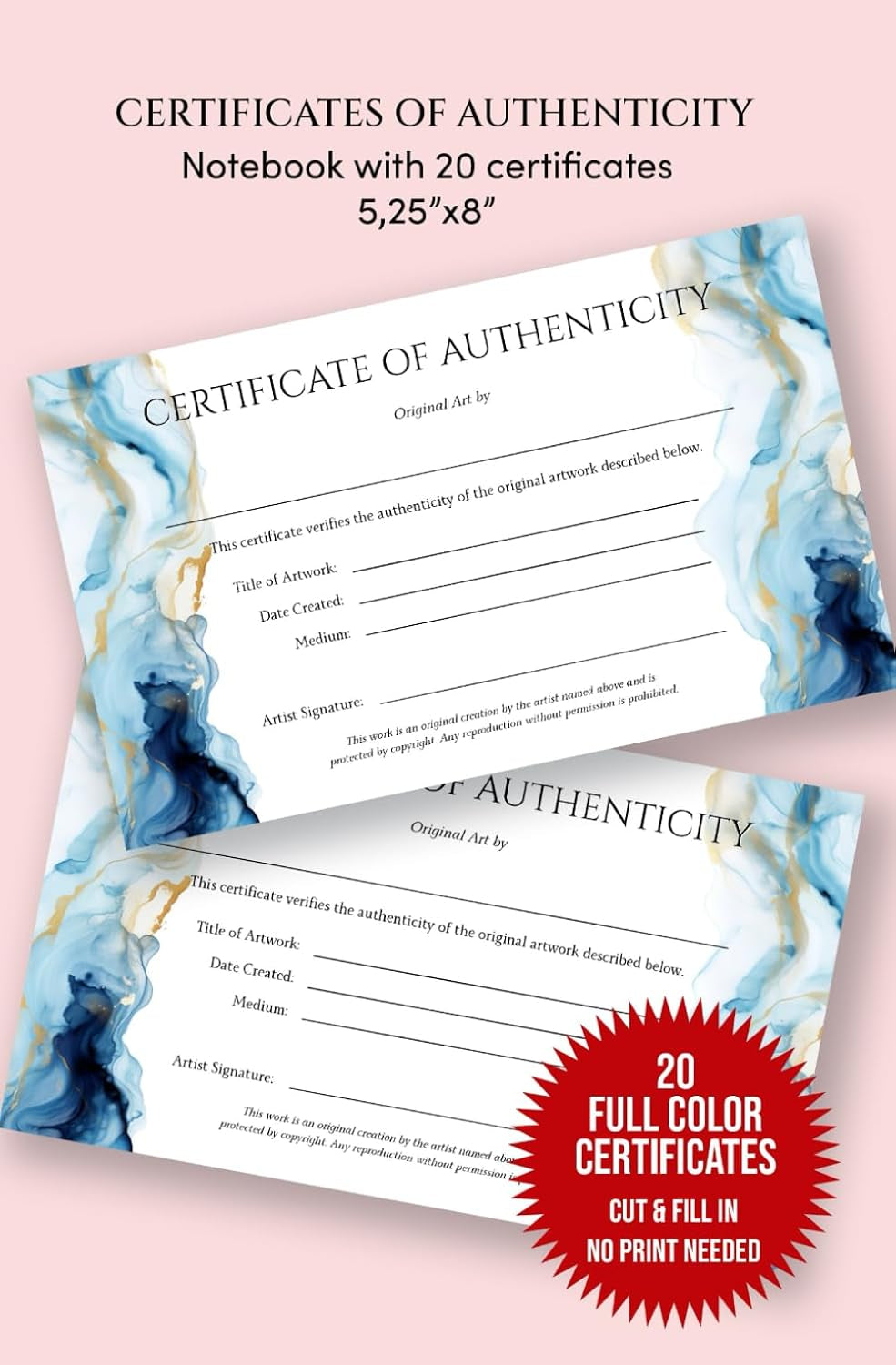 Certificate of Authenticity for Original Artwork: Small Size Certificate of Authenticity for Artwork | Notebook with 20 Certificates | Art ... Original Paintings, Prints, and Handmade Art