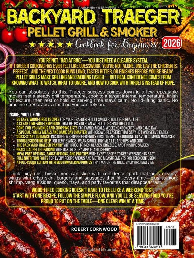 Backyard Traeger Pellet Grill & Smoker Cookbook for Beginners: 80 Easy Recipes for Juicy Brisket, Ribs, Chicken & Pork + Simple Step-by-Step Techniques, Time & Temp Guide for Family Meals and Game Day