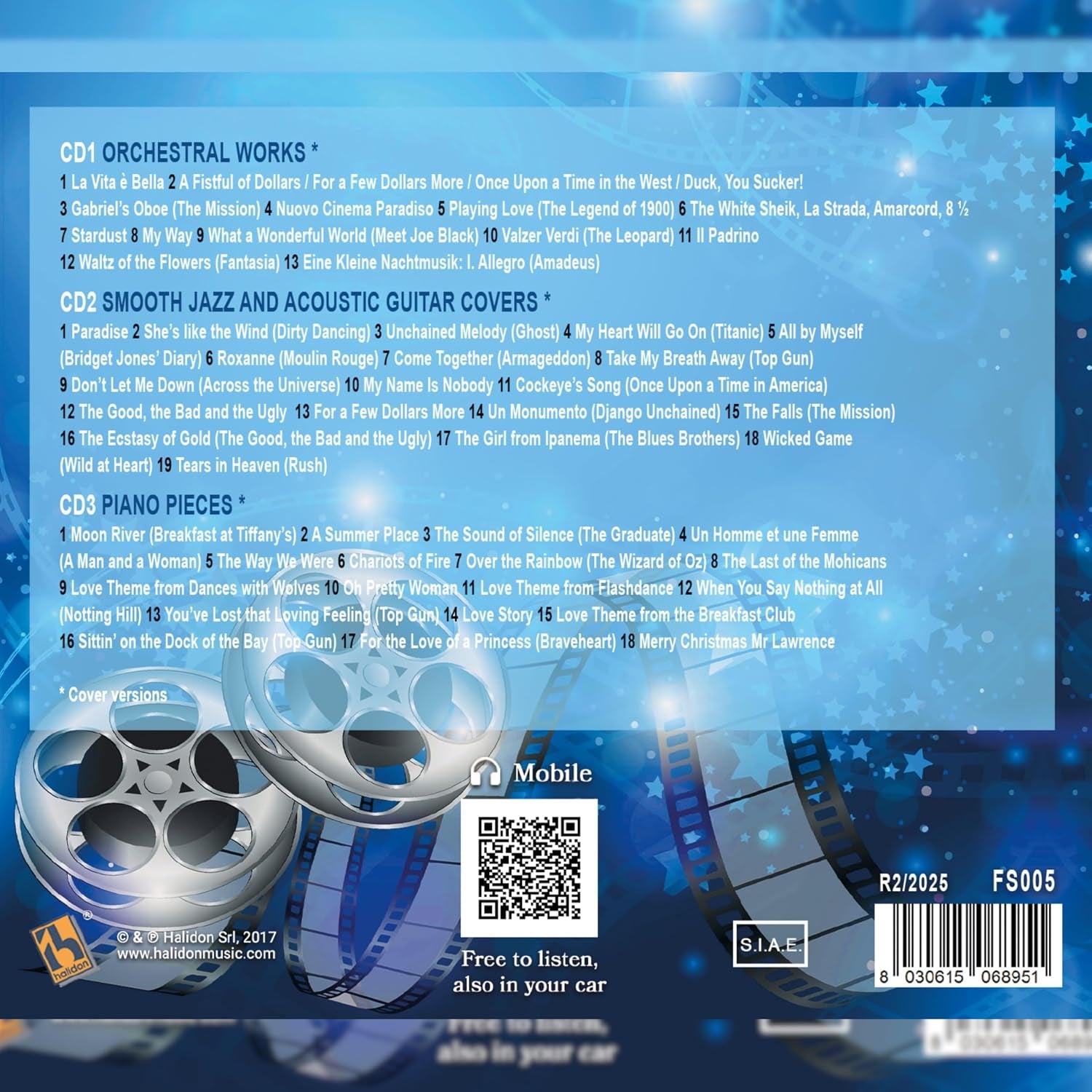 3CD 50 Songs Film Music, Orchestral Works, Jazz Guitar, piano Pieces, Titanic, La Vita è Bella, Moulin Rouge
