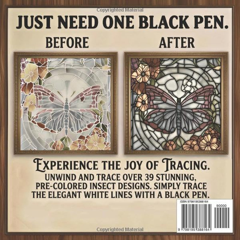 Ink Tracing Book for Adults - Insects Stained Glass Edition: Trace White Lines on Butterfly, Bee and Dragonfly Art for Still and Slow Stress Relief & Animal Coloring Experience | Monochrome Pen Art