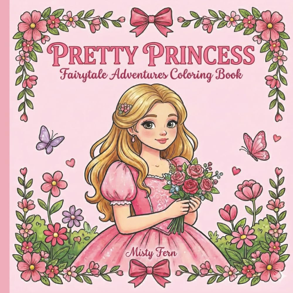 Pretty Princess Coloring Book: Fairytale Adventures Coloring Book for Girly Girls of All Ages, 40 Cute and Magical Illustrations of Princesses, Castles, and Friendship
