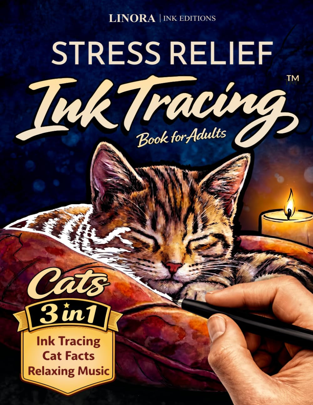 Stress Relief Ink Tracing Book for Adults: Cats - Feline Designs, Cat Facts and Calming Music for Relaxation - A Beautiful Gift (Linora Coloring Book Collection)