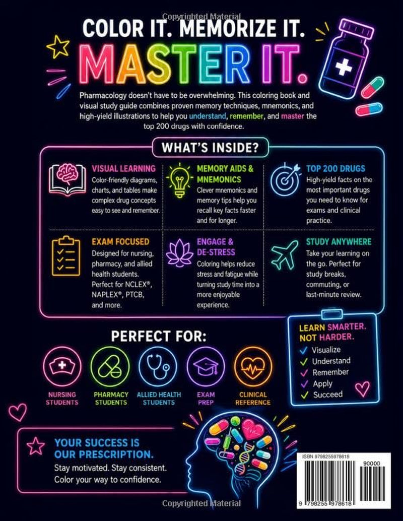 Drug Mastery - Pharmacology Coloring Book & Visual Study Guide: Top 200 Drugs: Memory Aids, Mnemonics & Recall Hacks for Nursing, Medical & Pharmacy Students | NCLEX · PTCB · NAPLEX · USMLE