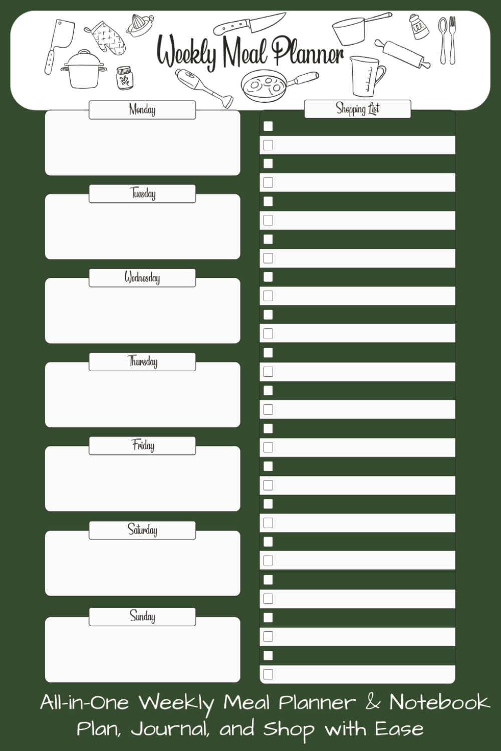 Weekly Meal Planner: Blank Meal Organizer | Grocery List | Empty Recipe Book | Kitchen Notebook |