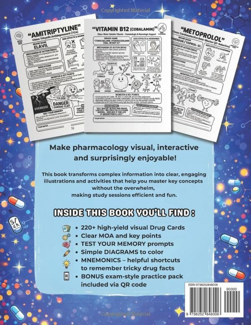 Pharmacology Study Guide & Coloring Book for Students: 220+ Drug Cards with Visual Diagrams to Color, Clear MOA Sections and Space for Notes, Ideal ... Students, Medical and Pre‑Med Students